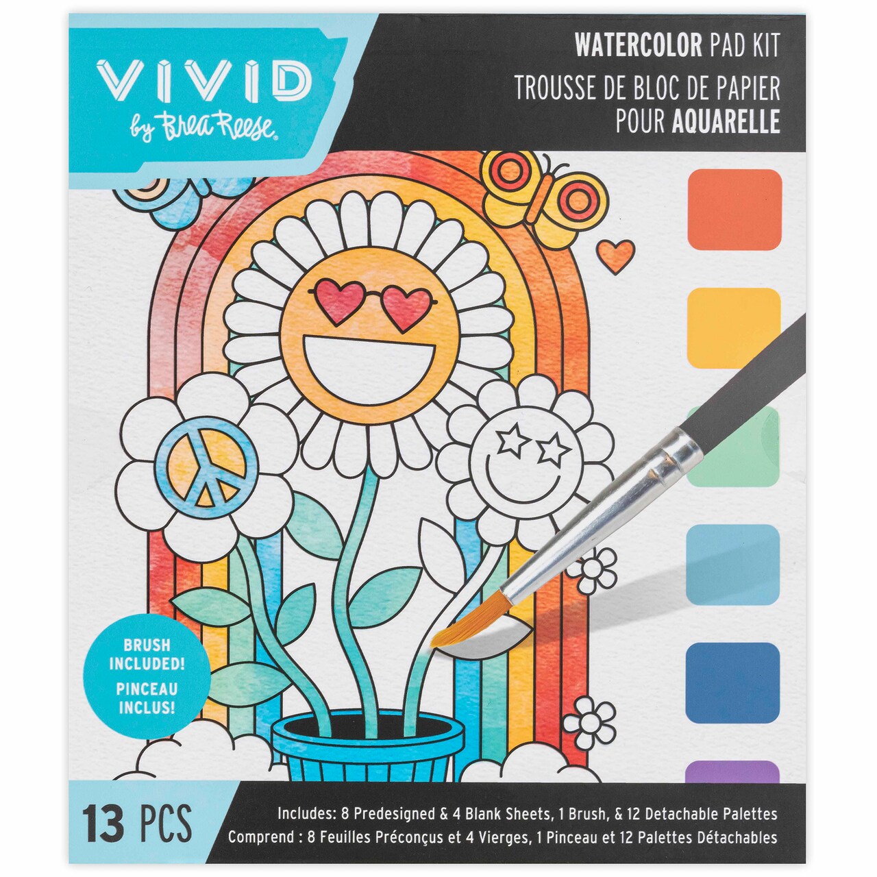 Vivid by Brea Reese: Watercolor Pad Kit - Rainbow - 8 Retro Groovy Themed Designs & 4 Blank Sheets, 12 Detachable Paint Palettes, Brush, Art Activity